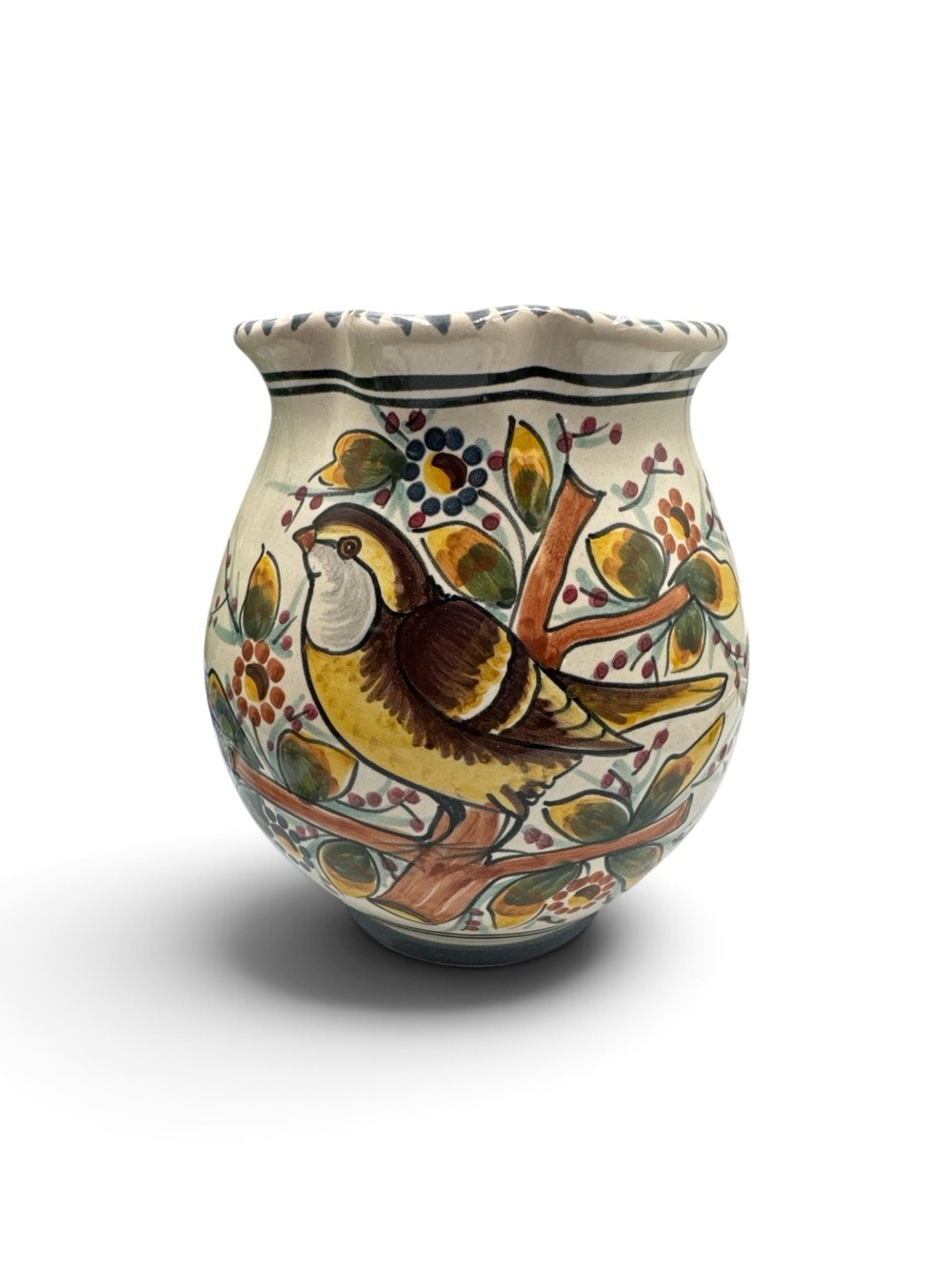 Vintage De La Cal Barreira Puente Spain Hand Painted Bird Pottery Pitcher